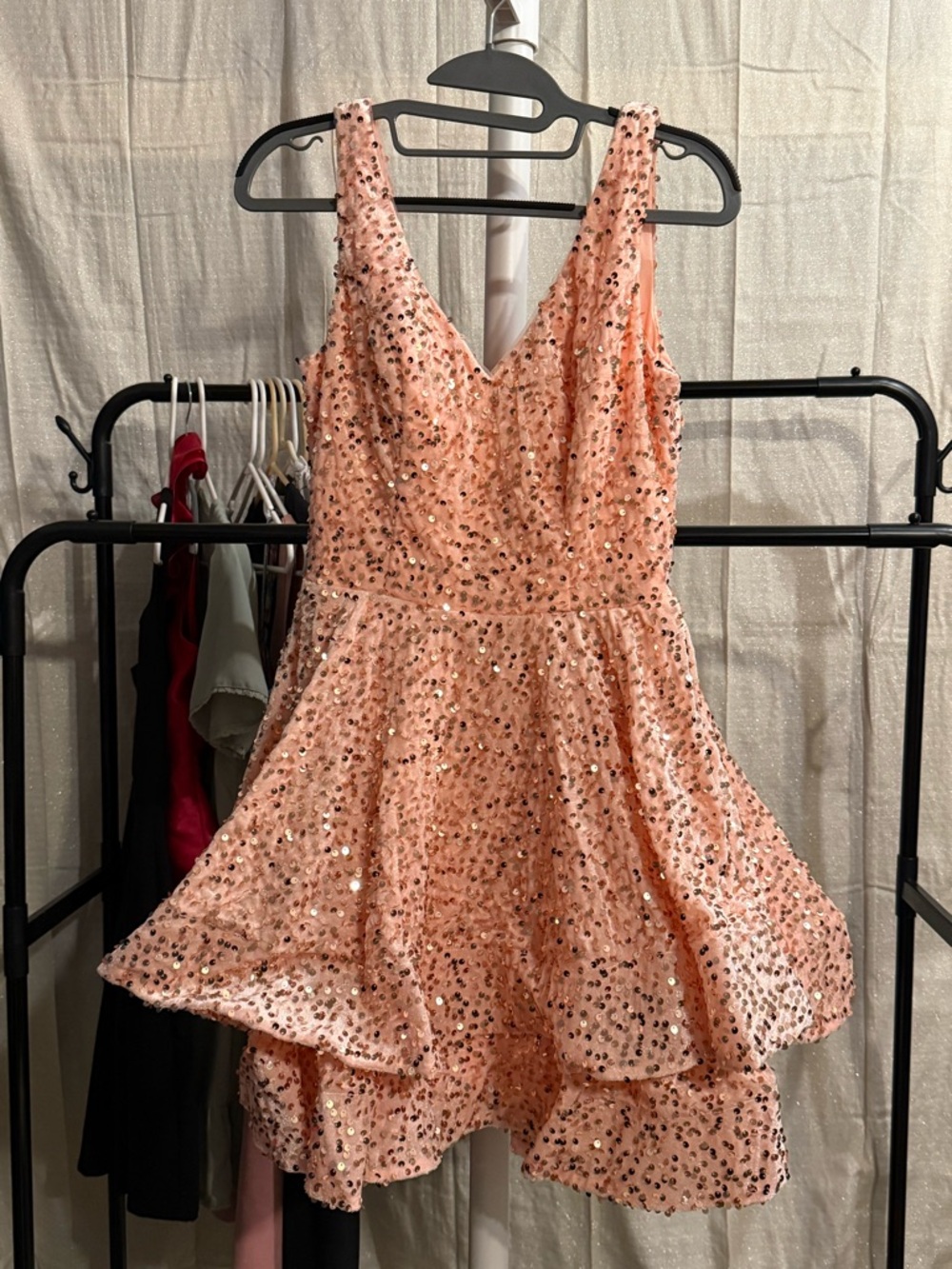 Peach Sequin V-Neck Party Dress